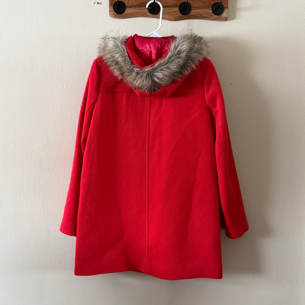 J. Crew Red Wool Blend Detachable Faux Fur Trim Hooded Parka Coat Size 4 - Picture 2 of 9